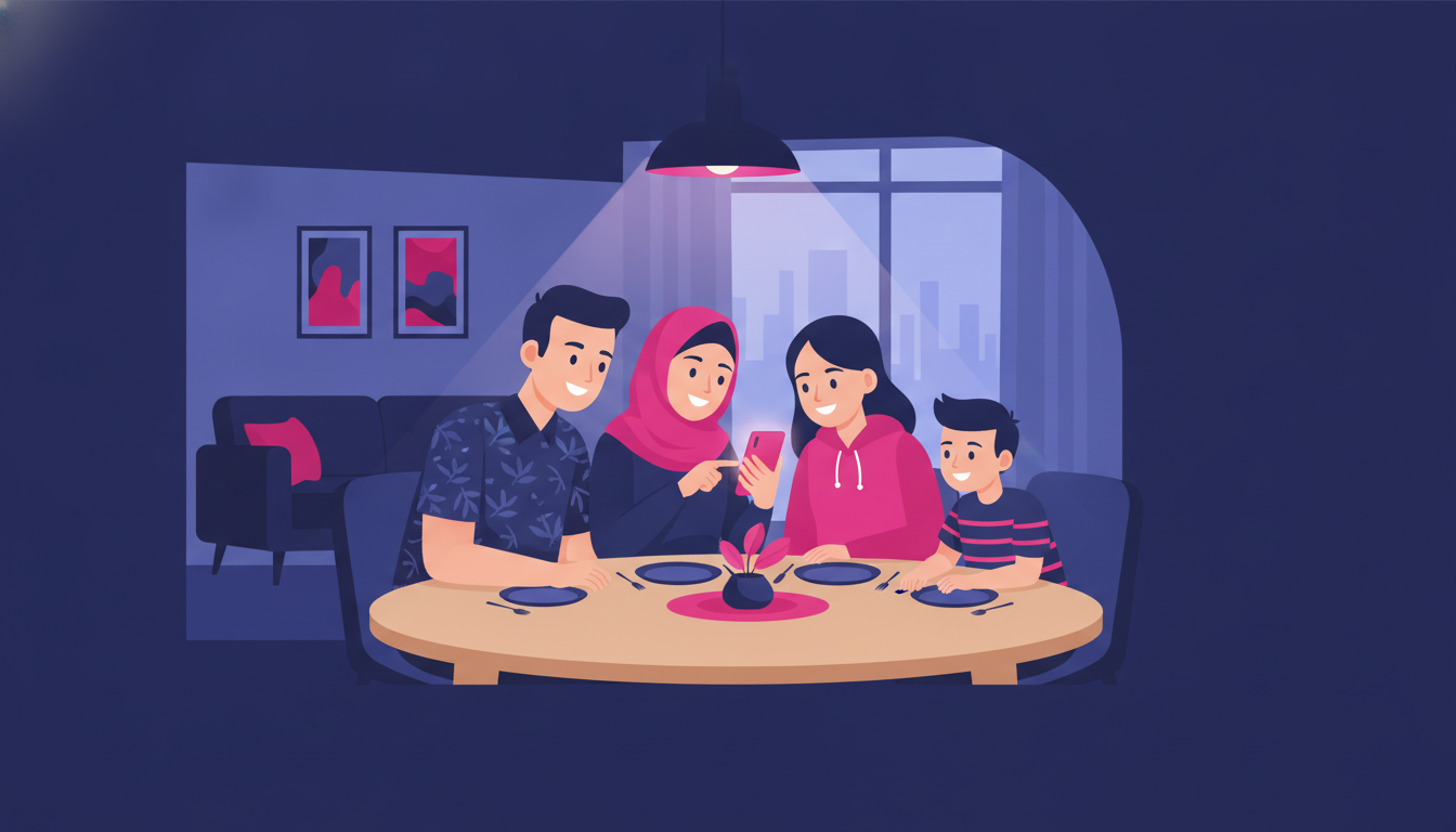 How to Transfer from Dana to OVO: A Simple Guide 4 a friendly Indonesian family gathered around a dining table, one person pointing at a smartphone while others look on with curiosity, warm indoor lighting