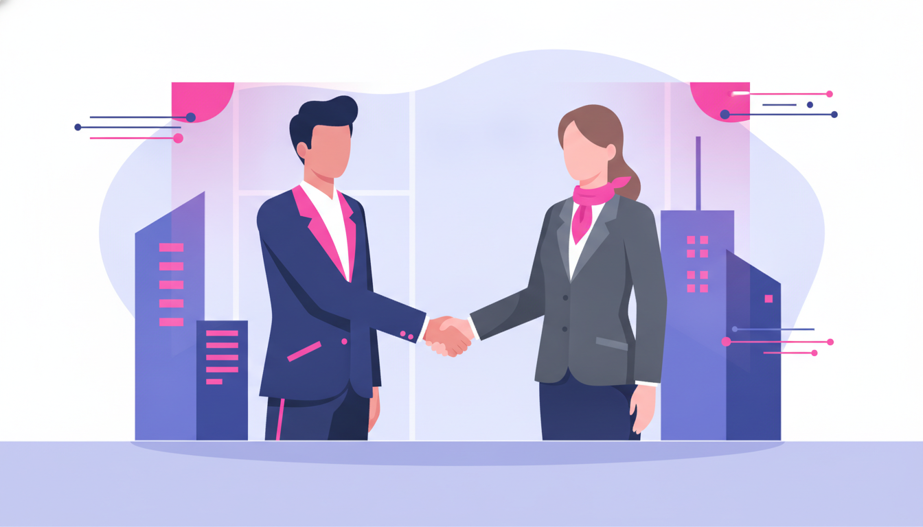 a young Indonesian professional shaking hands with a foreign employer in a modern office building abroad