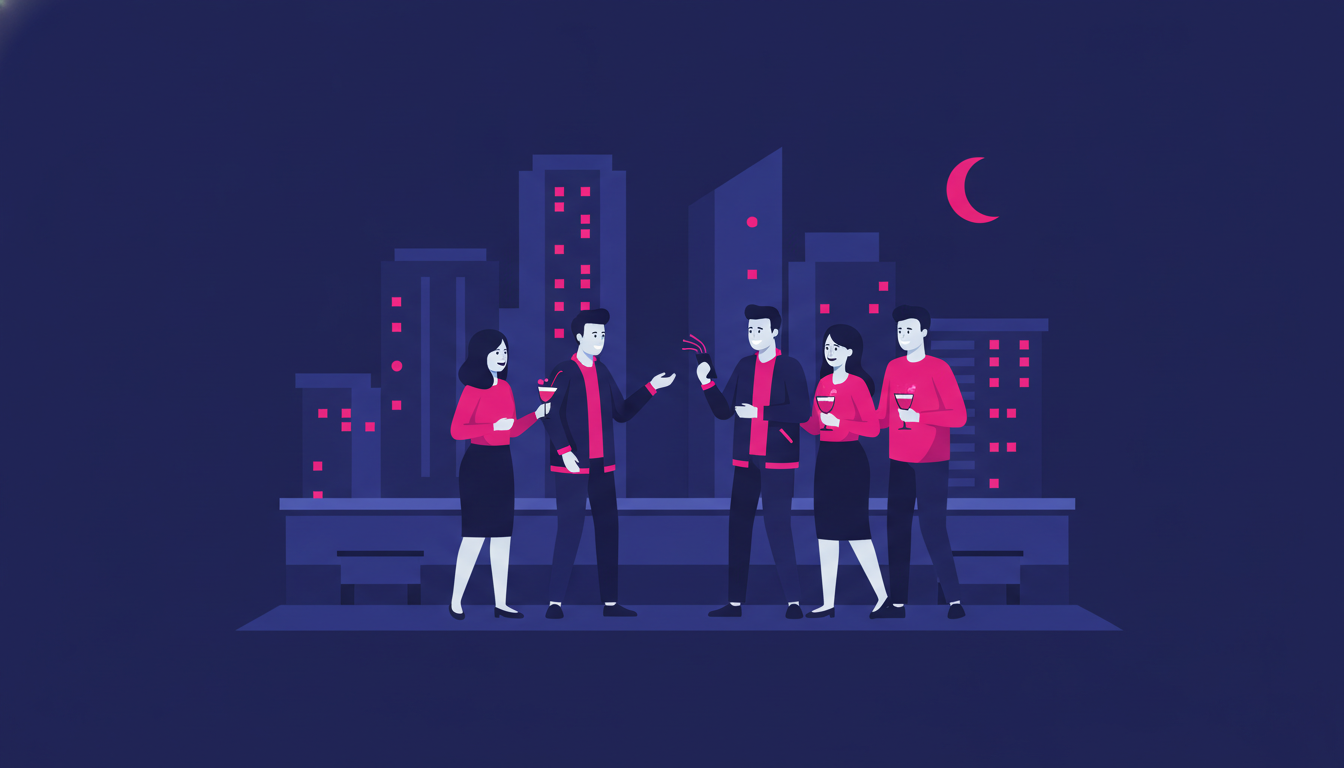 a group of young Indonesian professionals chatting at a rooftop gathering in a modern city overseas, with city lights in the background