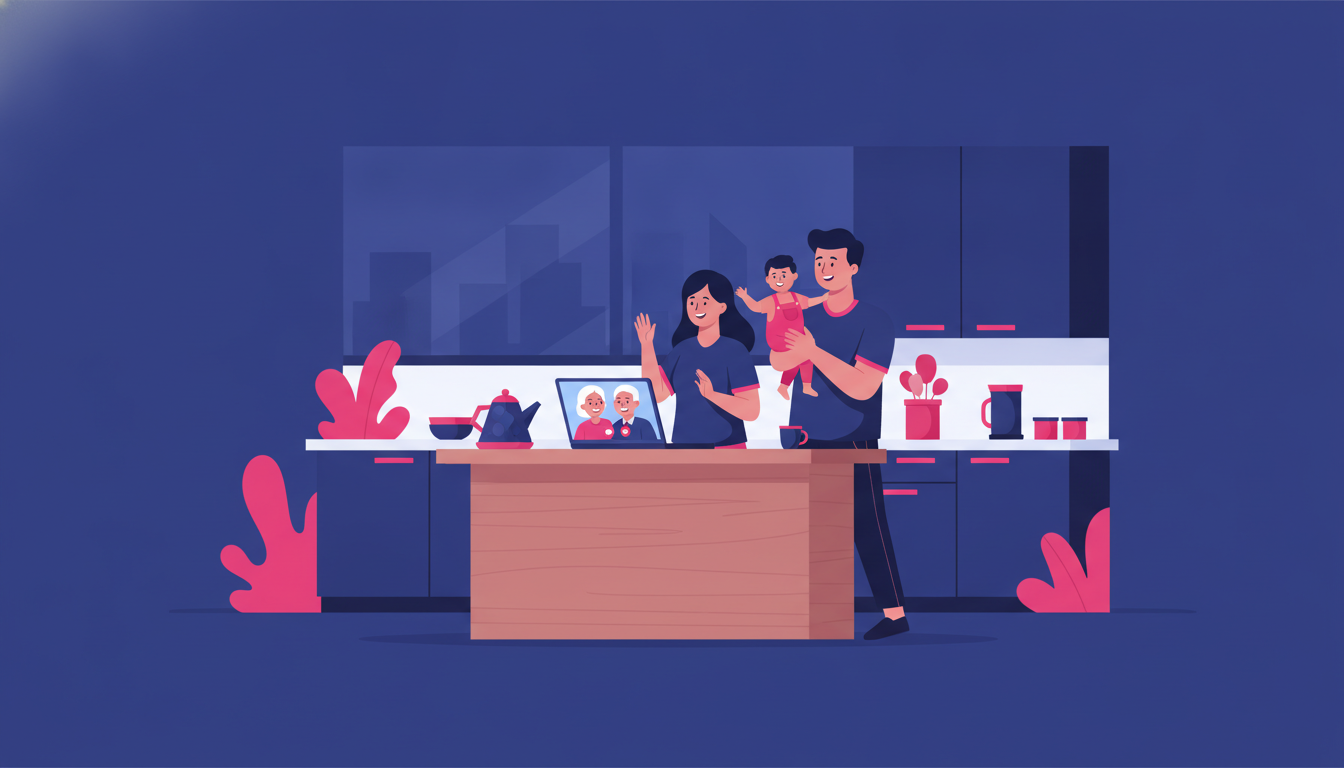 an Indonesian family video calling relatives back home on a laptop in a cozy overseas apartment kitchen