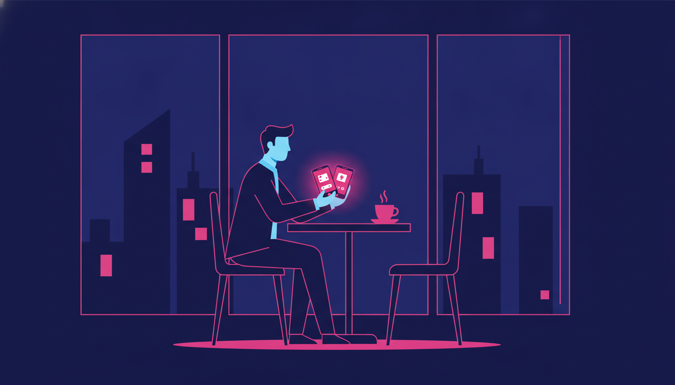 Transfer Dana ke OVO: Cara Mudah dan Cepat 2 a person sitting at a cafe table looking at two smartphones side by side showing digital wallet apps