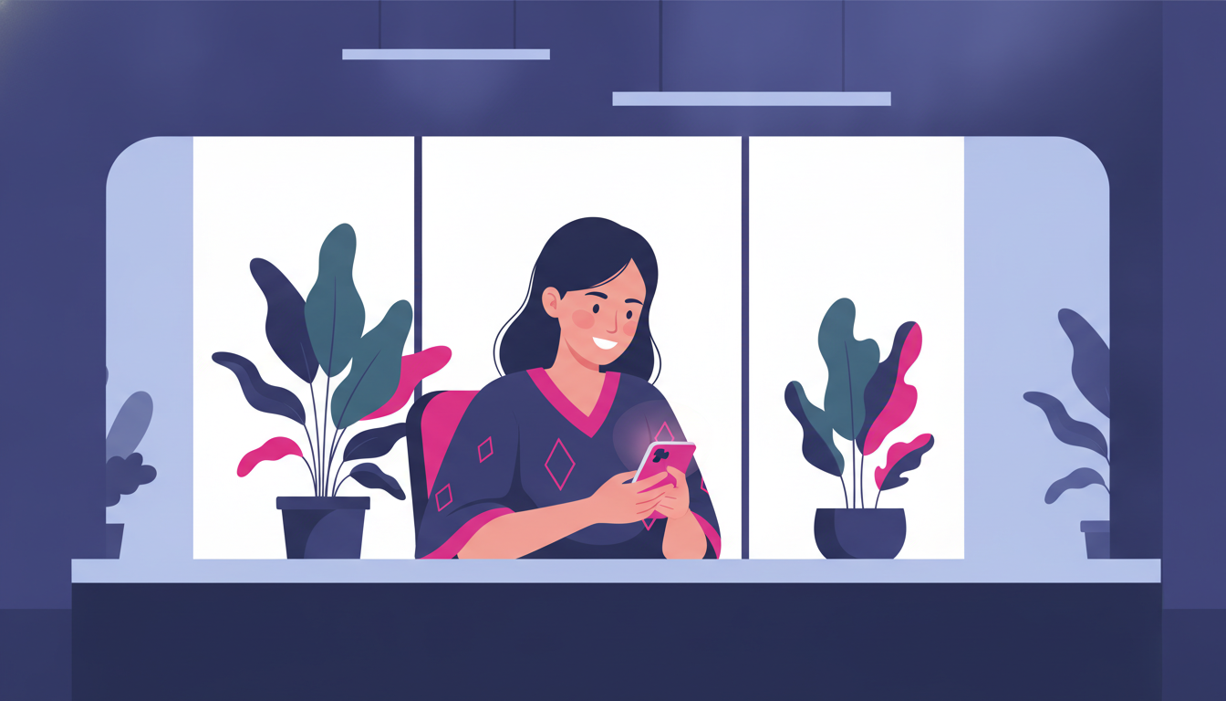 Transfer Dana ke OVO: Cara Mudah dan Cepat 4 a young Indonesian woman smiling while using a smartphone at a modern coworking space with plants in the background